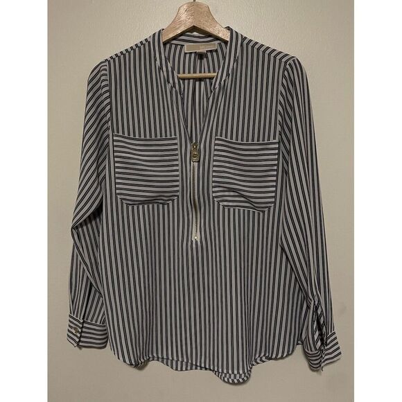MICHAEL Michael Kors Tops - Michael Kors Blue White Stripe Long Sleeve Pullover Pockets Blouse Top Size M